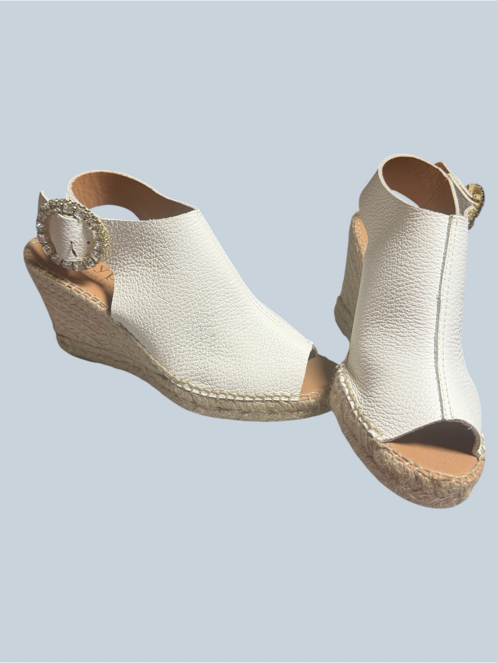 Maypol Made in Spain White Espadrille Wedge Sandals with Rhinestone Buckle - Picture 15 of 16